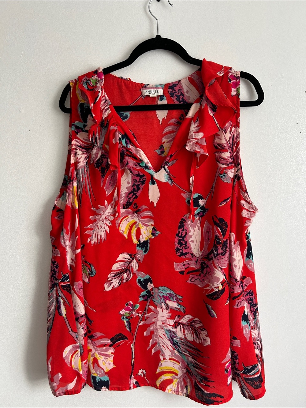 Andree Red Floral Ruffle V-Neck Sleeveless Blouse